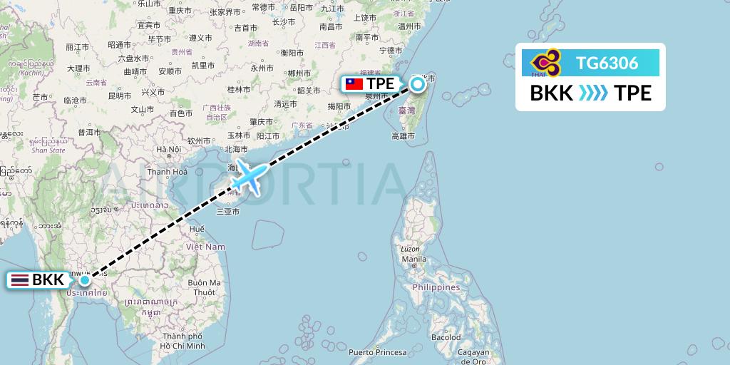 TG6306 Thai Airways Flight Map: Bangkok to Taipei