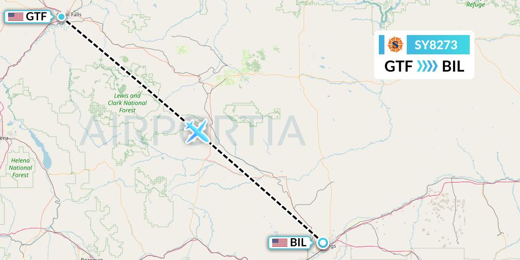 SY8273 Sun Country Airlines Flight Map: Great Falls to Billings