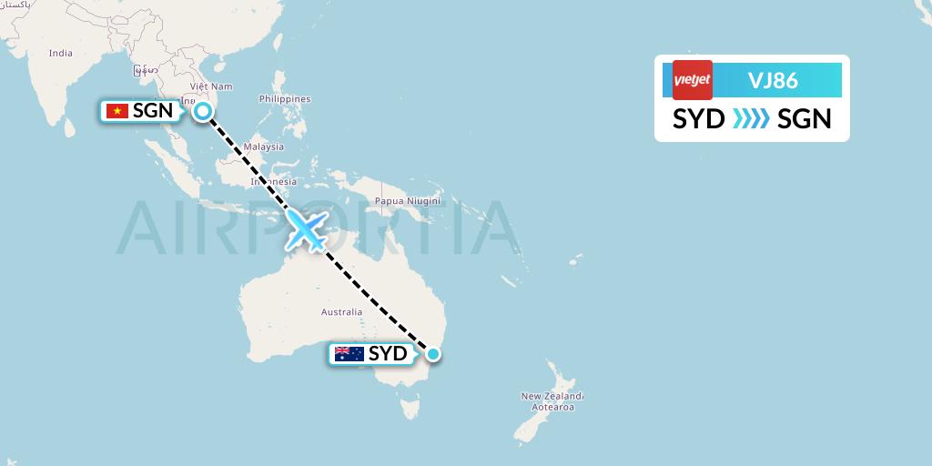 VJ86 VietJet Air Flight Map: Sydney to Ho Chi Minh City