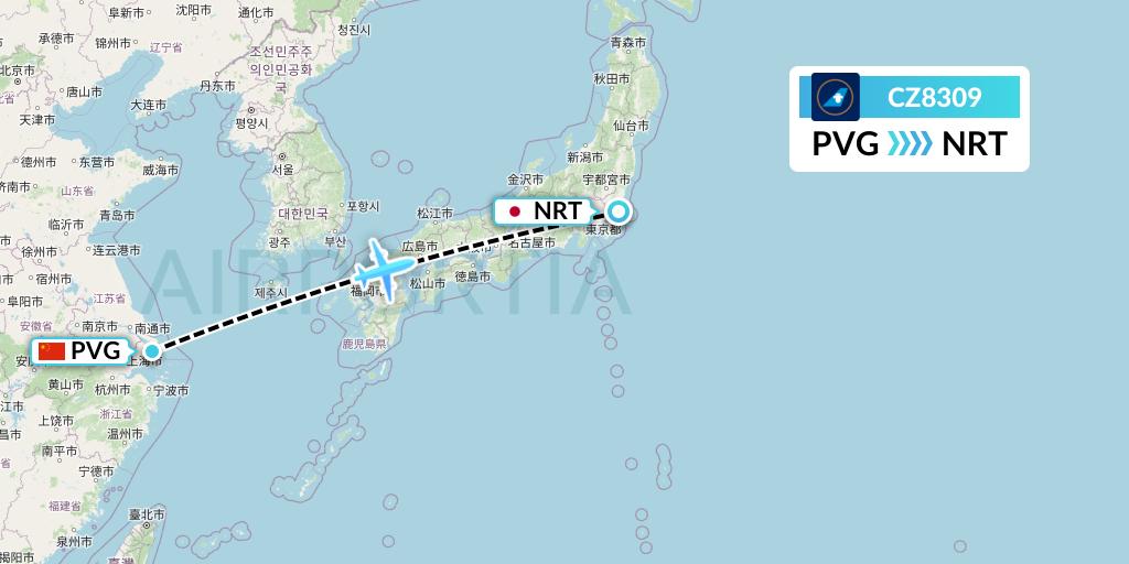 CZ8309 China Southern Airlines Flight Map: Shanghai to Tokyo