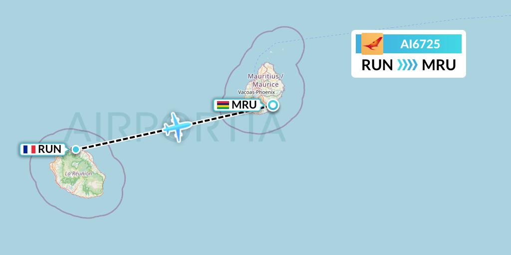 AI6725 Air India Flight Map: Saint-Denis to Port Louis