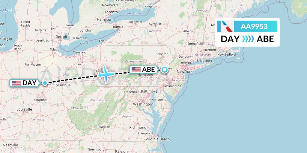 AA9953 American Airlines Flight Map: Dayton to Allentown