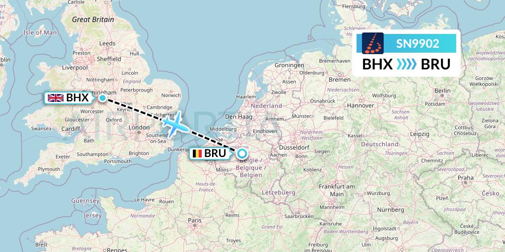SN9902 Brussels Airlines Flight Map: Birmingham to Brussels