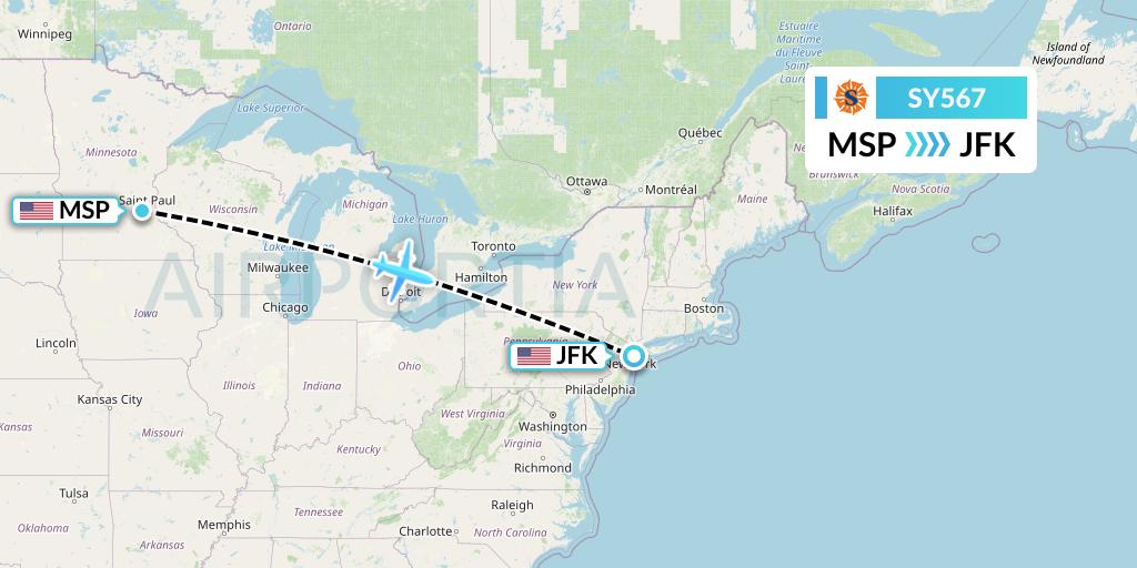 SY567 Sun Country Airlines Flight Map: Minneapolis to New York