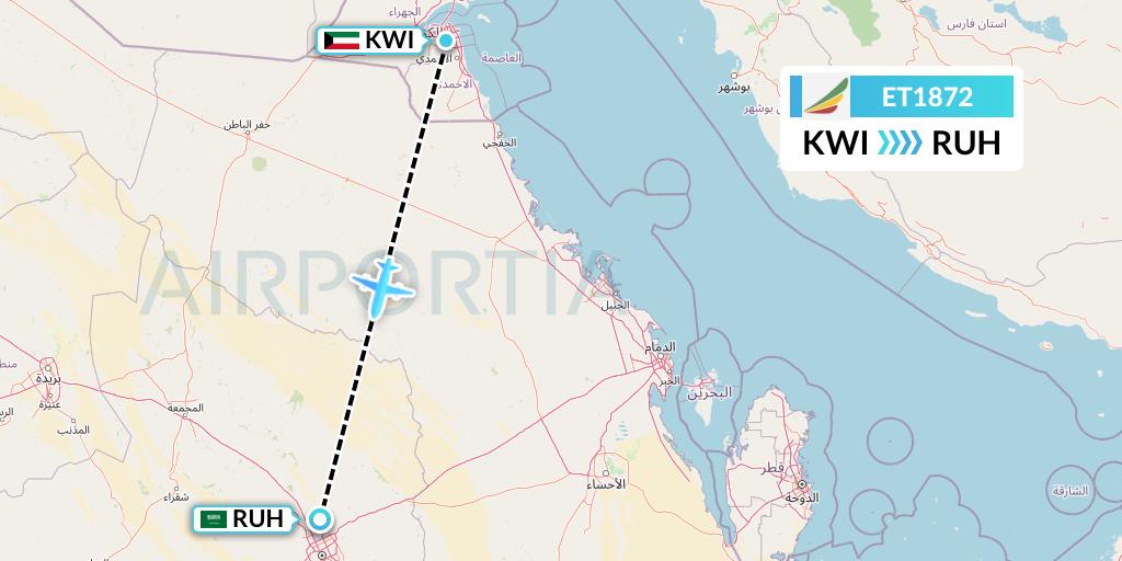ET1872 Ethiopian Airlines Flight Map: Kuwait City to Riyadh