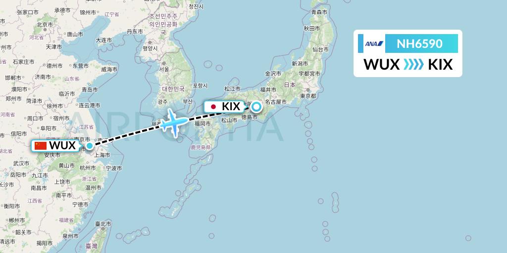 NH6590 All Nippon Airways Flight Map: Wuxi to Osaka