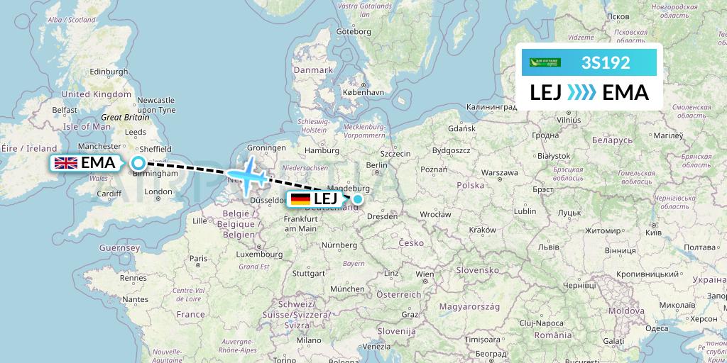 3S192 Air Antilles Express Flight Map: Leipzig to East Midlands
