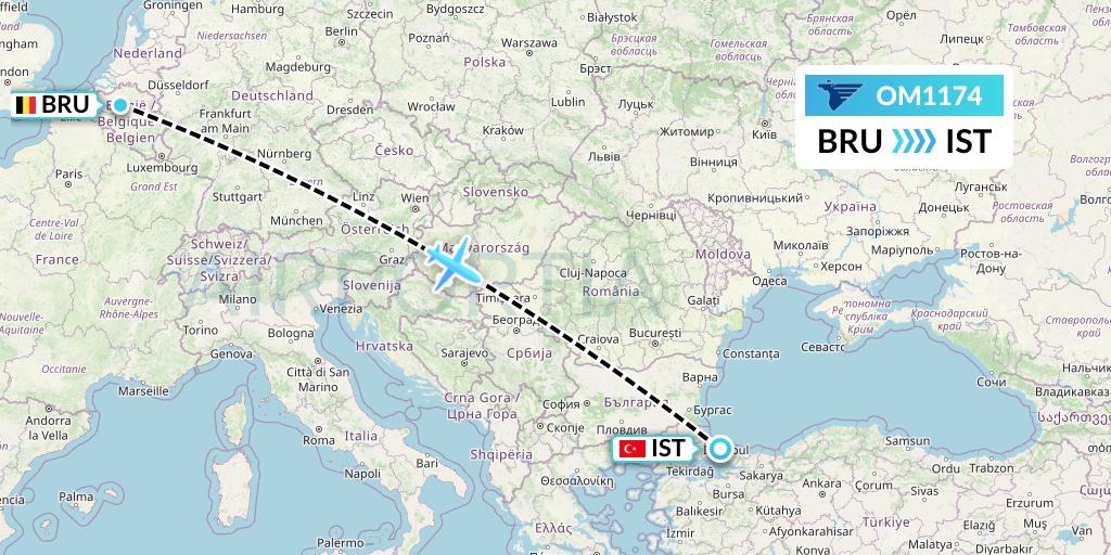 OM1174 MIAT Mongolian Airlines Flight Map: Brussels to Istanbul