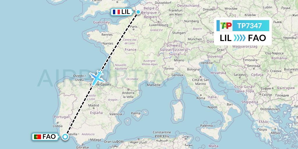 TP7347 TAP Portugal Flight Map: Lille to Faro