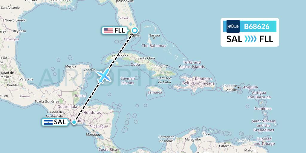 B68626 JetBlue Airways Flight Map: San Salvador to Fort Lauderdale