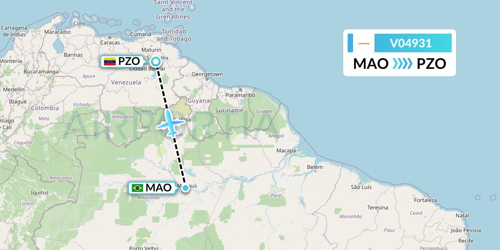V04931 Conviasa Flight Map: Manaus to Puerto Ordaz