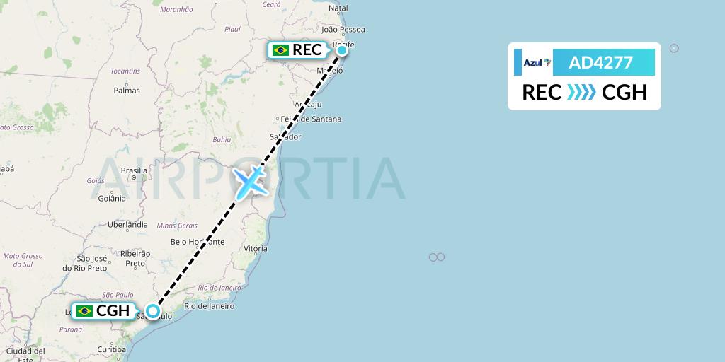 AD4277 Azul Brazilian Airlines Flight Map: Recife to Sao Paulo
