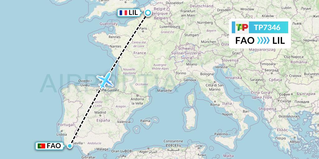 TP7346 TAP Portugal Flight Map: Faro to Lille