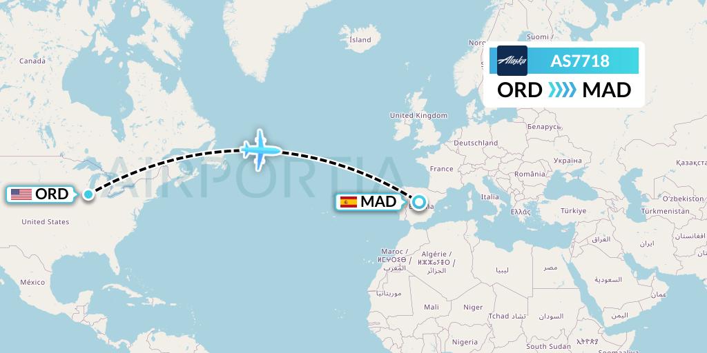 AS7718 Alaska Airlines Flight Map: Chicago to Madrid