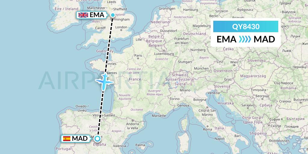 QY8430 European Air Transport Flight Map: East Midlands to Madrid