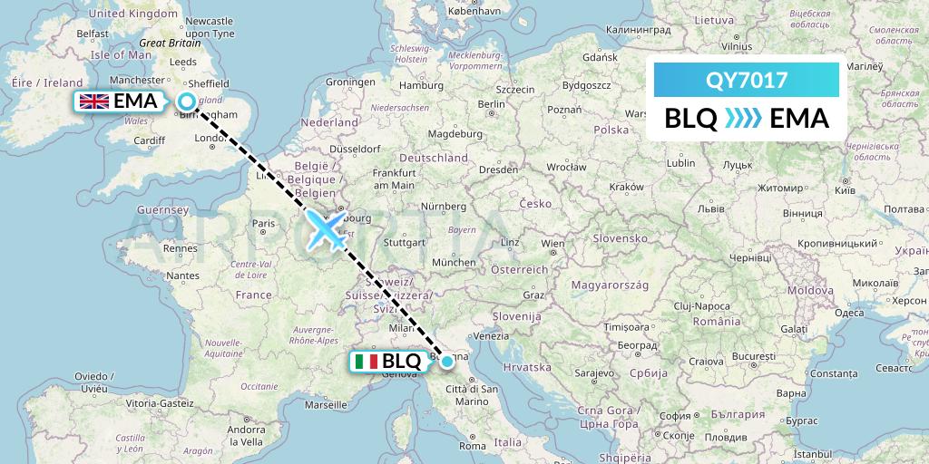 QY7017 European Air Transport Flight Map: Bologna to East Midlands