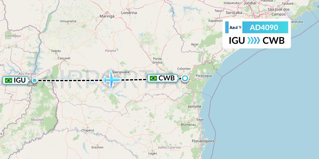AD4090 Azul Brazilian Airlines Flight Map: Foz do Iguacu to Curitiba