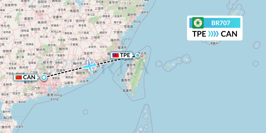 BR707 EVA Air Flight Map: Taipei to Guangzhou