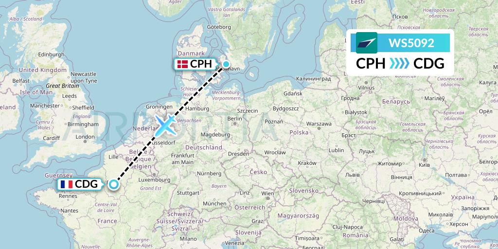 WS5092 WestJet Flight Map: Copenhagen to Paris