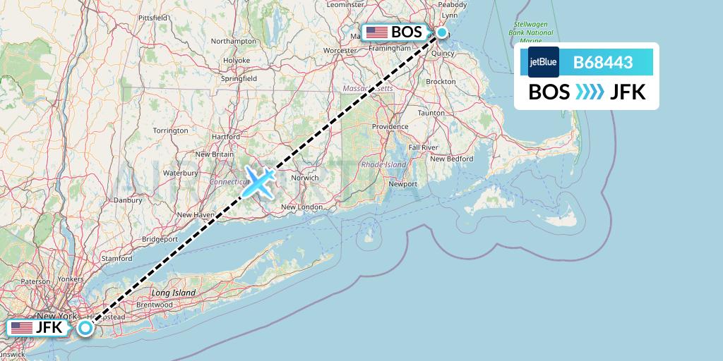 B68443 JetBlue Airways Flight Map: Boston to New York
