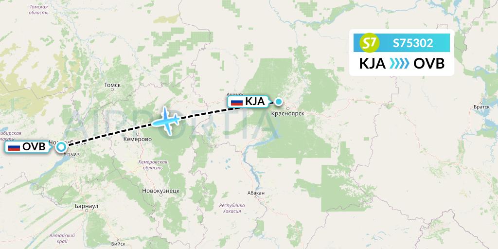 S75302 S7 Airlines Flight Map: Krasnoyarsk to Novosibirsk