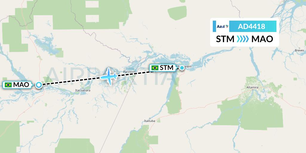 AD4418 Azul Brazilian Airlines Flight Map: Santarem to Manaus