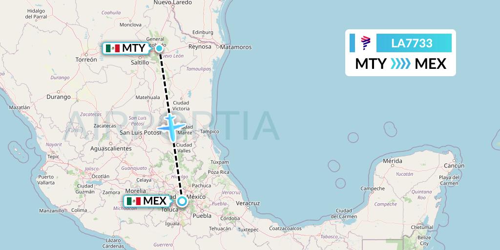 LA7733 LAN Airlines Flight Map: Monterrey to Mexico City