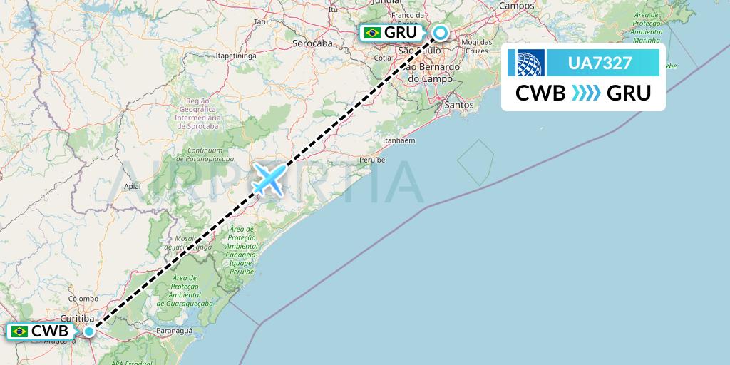 UA7327 United Airlines Flight Map: Curitiba to Sao Paulo