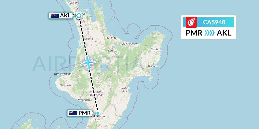 CA5940 Air China Flight Map: Palmerston North to Auckland