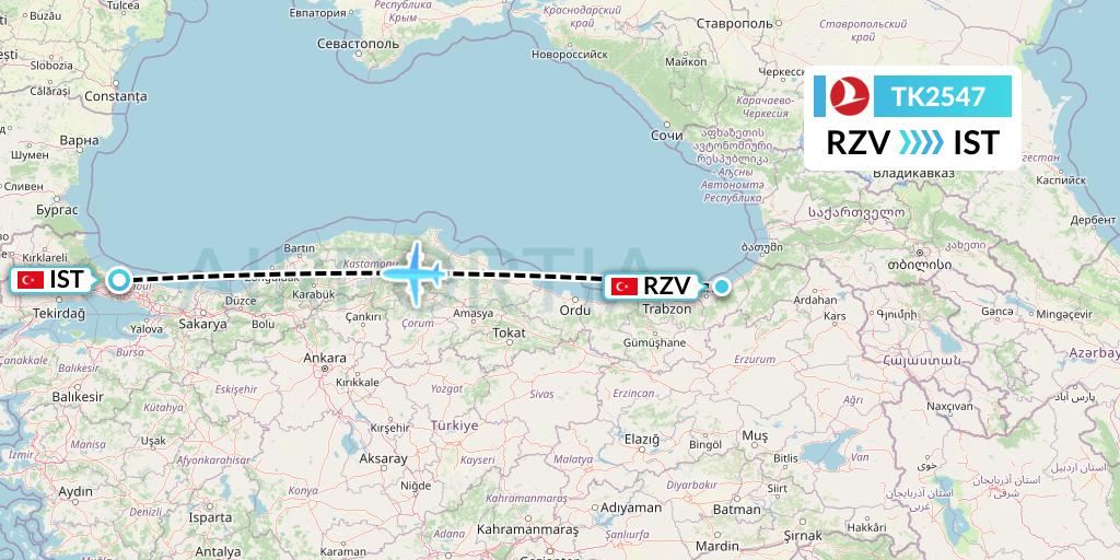 TK2547 Turkish Airlines Flight Map: Trabzon to Istanbul
