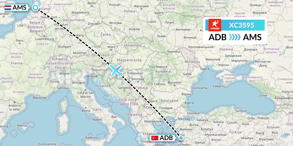 XC3595 Corendon Airlines Flight Map: Izmir to Amsterdam
