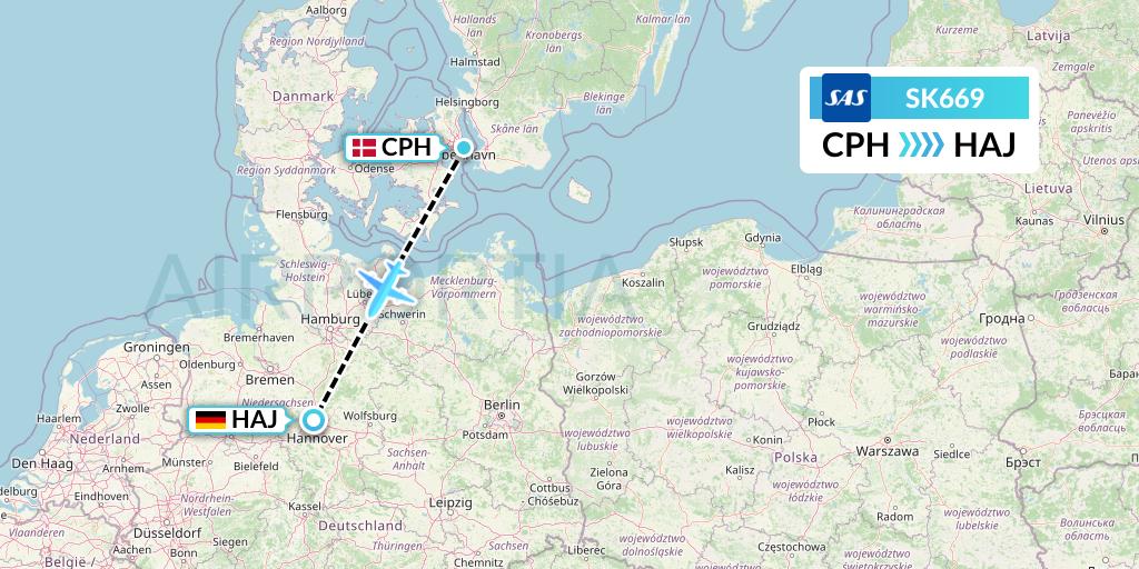 SK669 SAS Flight Map: Copenhagen to Hannover