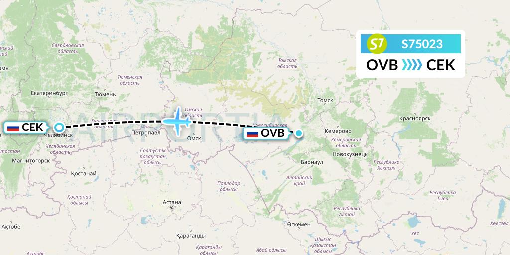 S75023 S7 Airlines Flight Map: Novosibirsk to Chelyabinsk