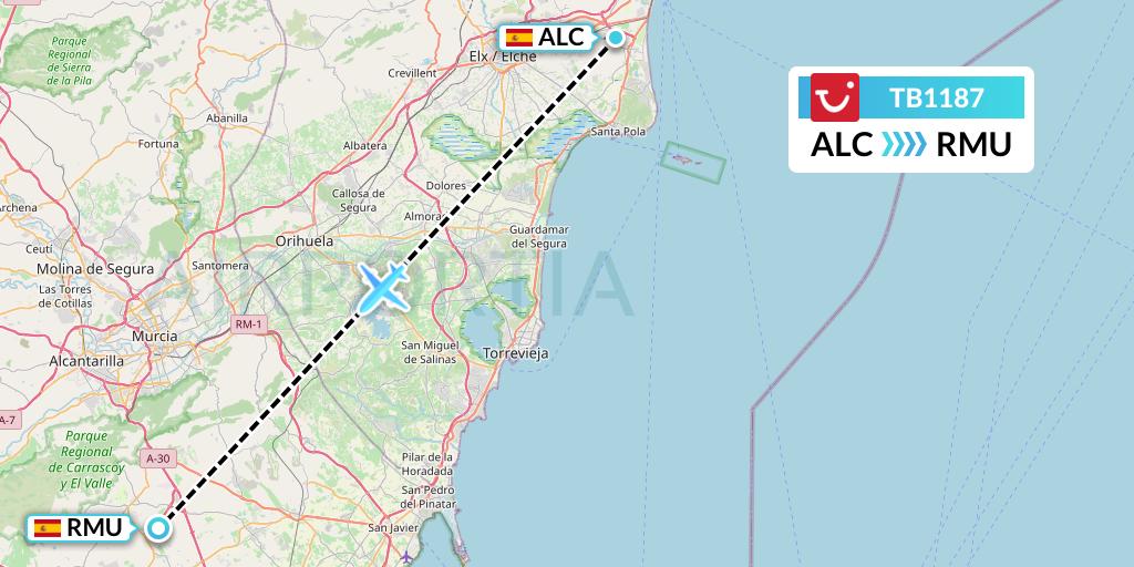 TB1187 TUI fly Belgium Flight Map: Alicante to Murcia