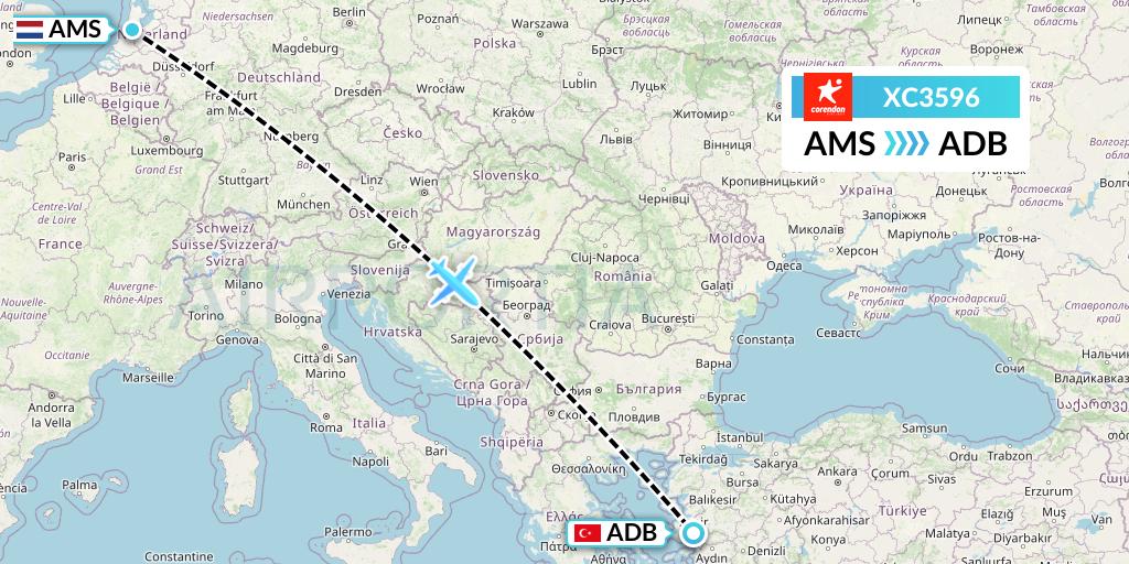 XC3596 Corendon Airlines Flight Map: Amsterdam to Izmir