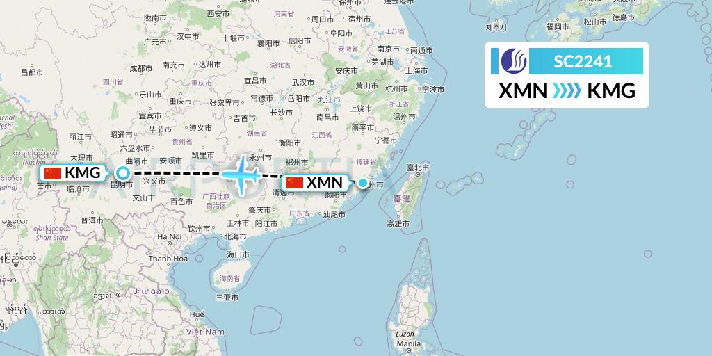 SC2241 Shandong Airlines Flight Map: Xiamen to Kunming