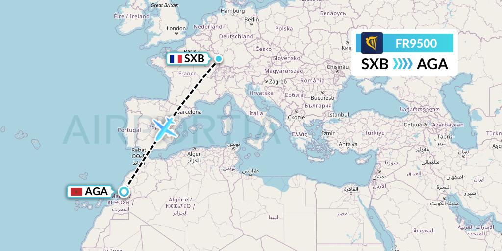 FR9500 Ryanair Flight Map: Strasbourg to Agadir