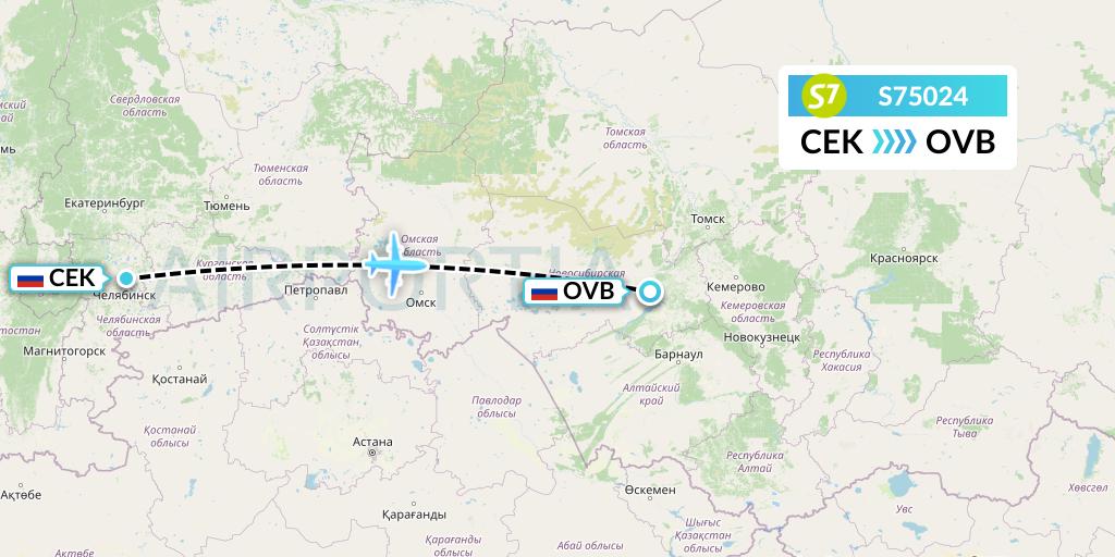 S75024 S7 Airlines Flight Map: Chelyabinsk to Novosibirsk