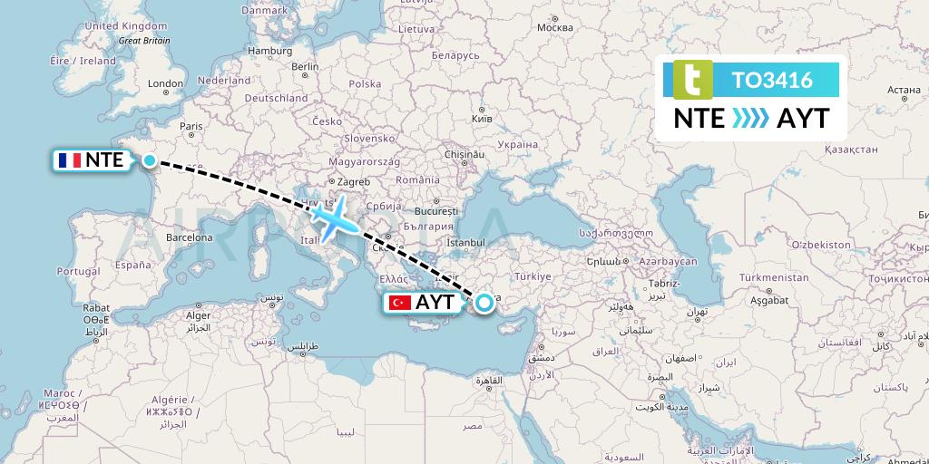 TO3416 Transavia France Flight Map: Nantes to Antalya