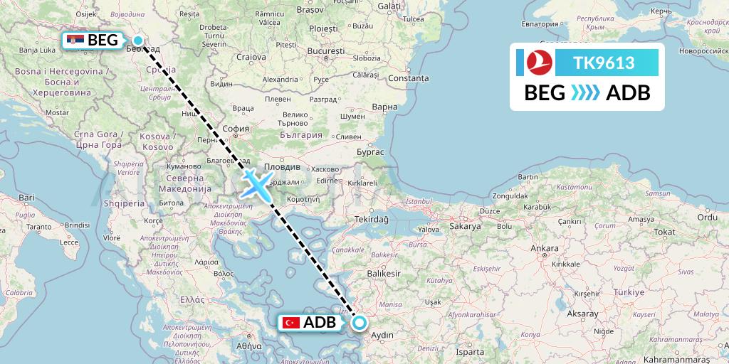 TK9613 Turkish Airlines Flight Map: Belgrade to Izmir