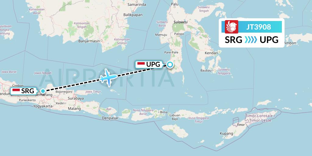 JT3908 Lion Airlines Flight Map: Semarang to Makassar