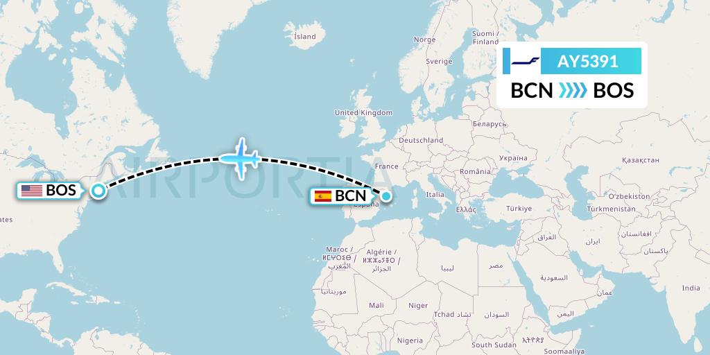 AY5391 Finnair Flight Map: Barcelona to Boston