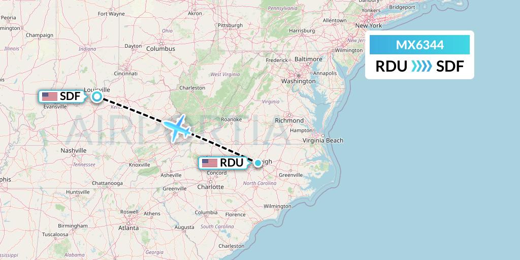 MX6344 Breeze Airways Flight Map: Raleigh-Durham to Louisville