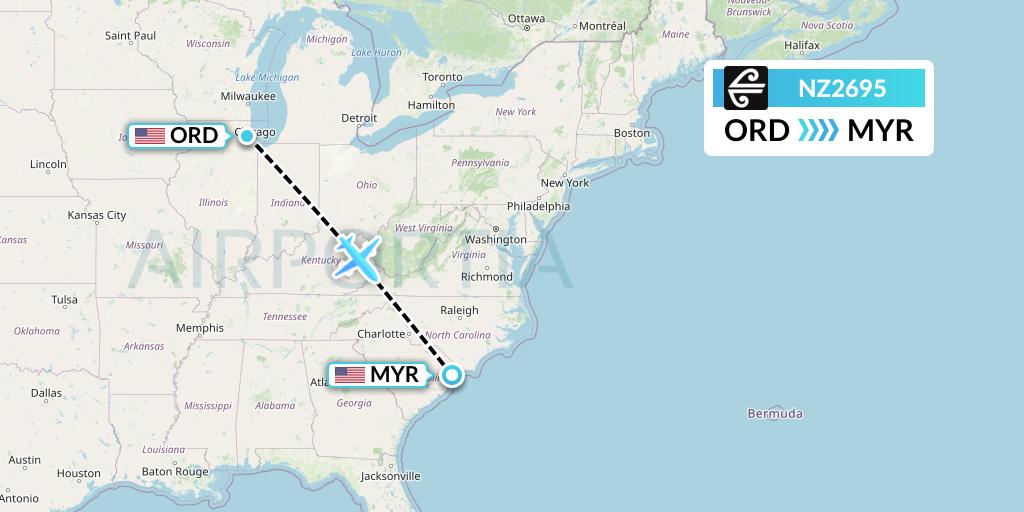 NZ2695 Air New Zealand Flight Map: Chicago to Myrtle Beach