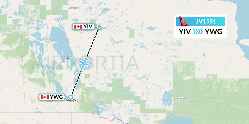 JV1551 Bearskin Airlines Flight Map: Island Lake to Winnipeg