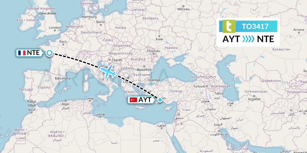 TO3417 Transavia France Flight Map: Antalya to Nantes