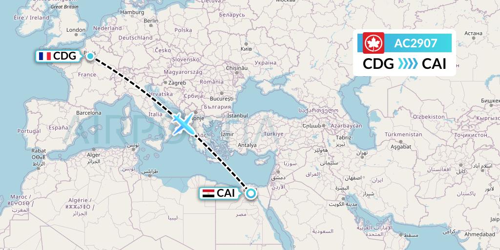 AC2907 Air Canada Flight Map: Paris to Cairo