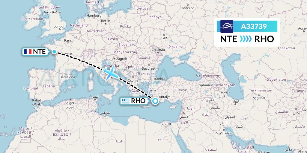 A33739 Aegean Airlines Flight Map: Nantes to Rhodes