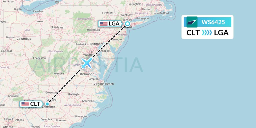 WS6425 WestJet Flight Map: Charlotte to New York
