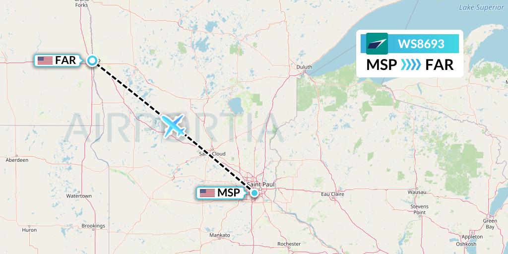 WS8693 WestJet Flight Map: Minneapolis to Fargo